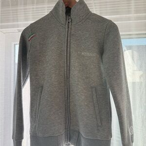 Gray Cardigan Sweater with High Collar and Ribbed Cuffs